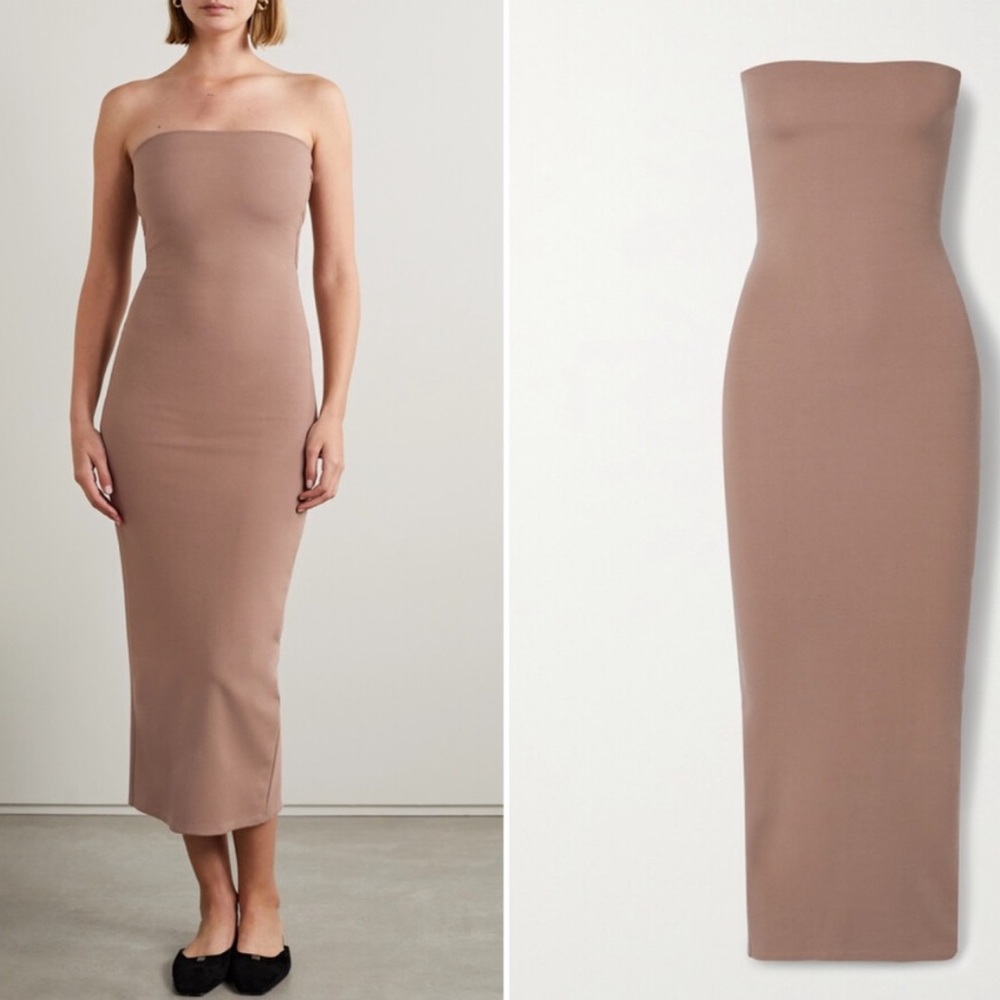 LESET Rio Strapless Bodycon Tube Tan Midi Dress